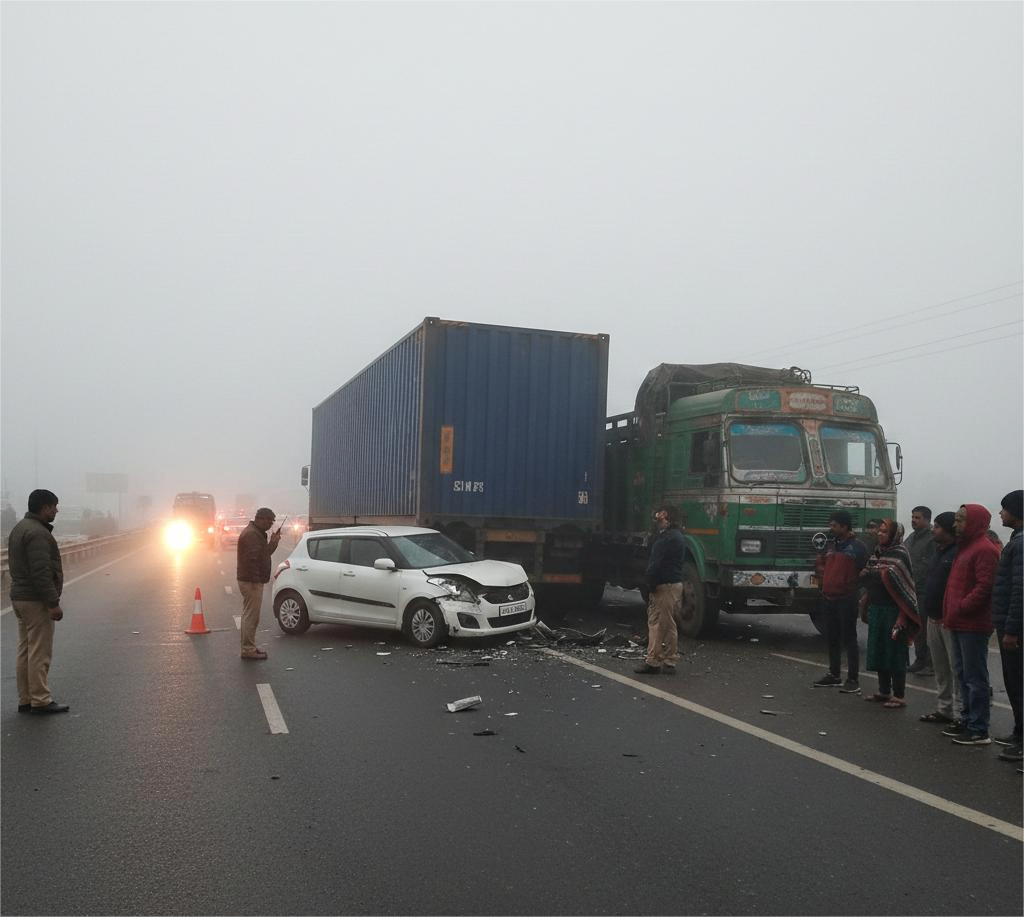 बनारस आ रही कार बेकाबू होकर कंटेनर से टकराई, पिता-पुत्र संग चार की मौत